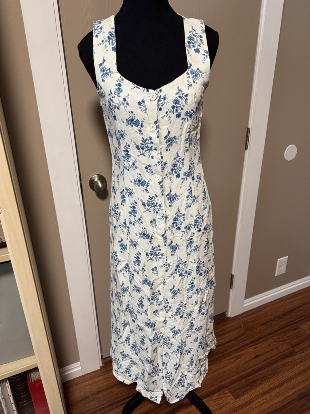 Workshop Republic Clothing Cream Maxi Dress with Blue Floral Buttons